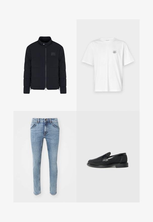 Men's black quilted jacket with stand collar, front zipper, side pockets, and a small rectangular chest patch.; White t-shirt made of cotton featuring short sleeves, a crew neck, and a small gray logo on the left chest area. Smooth texture.; Light blue denim jeans featuring a slim fit, five-pocket design, belt loops, and a button closure. Subtle whiskering detail present.; Black woven slip-on shoe with a smooth leather accent on the upper, a round toe design, and a low-profile rubber sole.