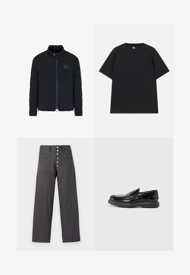 Men's black quilted jacket with stand collar, front zipper, side pockets, and a small rectangular chest patch.; Black short-sleeve t-shirt made of cotton, featuring a round neckline and a small logo detail near the hem. Smooth texture, regular fit.; Gray wide-leg pants made of lightweight fabric, featuring a button-fly closure with five metallic buttons and two front pockets.; Black leather loafer with a glossy finish, rounded toe, subtle stitching details, and a thick rubber sole for durability.
