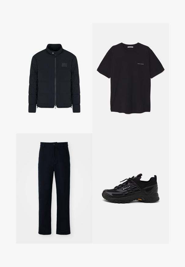 Men's black quilted jacket with stand collar, front zipper, side pockets, and a small rectangular chest patch.; Black cotton T-shirt with a crew neck, short sleeves, and a white logo print on the left chest. Simple, solid color design.; Navy blue trousers made of cotton, featuring a straight-leg design, a front button closure, and classic waistband with belt loops.; Black athletic shoes with a mix of textured synthetic materials and mesh. Features a sturdy sole, lacing system, and prominent logo detail.