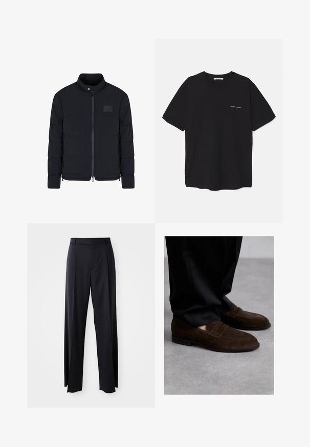 Men's black quilted jacket with stand collar, front zipper, side pockets, and a small rectangular chest patch.; Black cotton T-shirt with a crew neck, short sleeves, and a white logo print on the left chest. Simple, solid color design.; Black, high-waisted trousers with a wide-leg cut, made of smooth fabric. Features front pleats and belt loops. Minimalistic design, no visible hardware.; Bally CHARNEY - Smart slip-ons - ebano