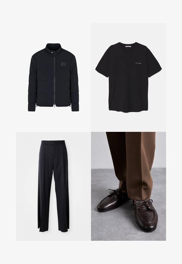 Men's black quilted jacket with stand collar, front zipper, side pockets, and a small rectangular chest patch.; Black cotton T-shirt with a crew neck, short sleeves, and a white logo print on the left chest. Simple, solid color design.; Black, high-waisted trousers with a wide-leg cut, made of smooth fabric. Features front pleats and belt loops. Minimalistic design, no visible hardware.; Bally PATHY - Lace-ups - ebano