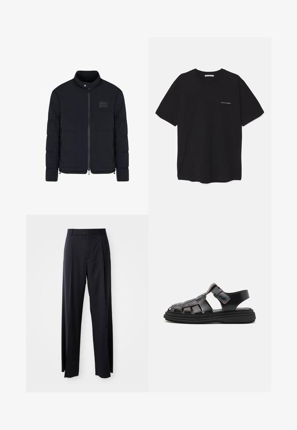 Heren zwarte doorgestikte jas met opstaande kraag, ritssluiting aan de voorkant, zijzakken en een klein rechthoekig borstvlak.; Zwarte katoenen T-shirt met een ronde hals, korte mouwen en een witte logo-print op de linkerkant van de borst. Eenvoudig, effen kleur ontwerp.; Zwarte, hooggewaisted broeken met een brede pijp, gemaakt van een gladde stof. Voorzien van voorkanten met plooien en riemlussen. Minimalistisch ontwerp, geen zichtbare hardware.; Zwarte leren sandalen met een geweven ontwerp, voorzien van verstelbare banden, metalen accenten en een dikke zwarte zool voor stabiliteit.