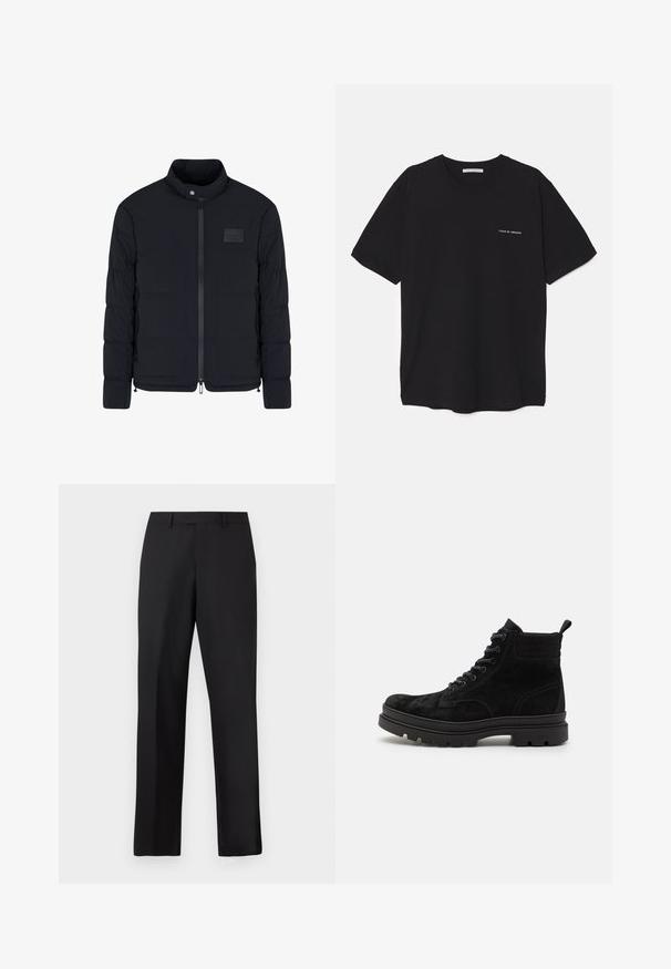 Veste matelassée noire pour homme avec col montant, fermeture éclair frontale, poches latérales et petite écusson rectangulaire sur la poitrine.; T-shirt en coton noir avec un col rond, des manches courtes et un logo blanc imprimé sur la poitrine gauche. Design simple, couleur unie.; Pantalon noir à jambes droites en tissu lisse. Comprend une ceinture standard et aucun motif ou accent visible.; Bottes en suede noir avec bout rond, lacées à l'avant, et semelle en caoutchouc avec un motif texturé ; hauteur à la cheville avec tirette.