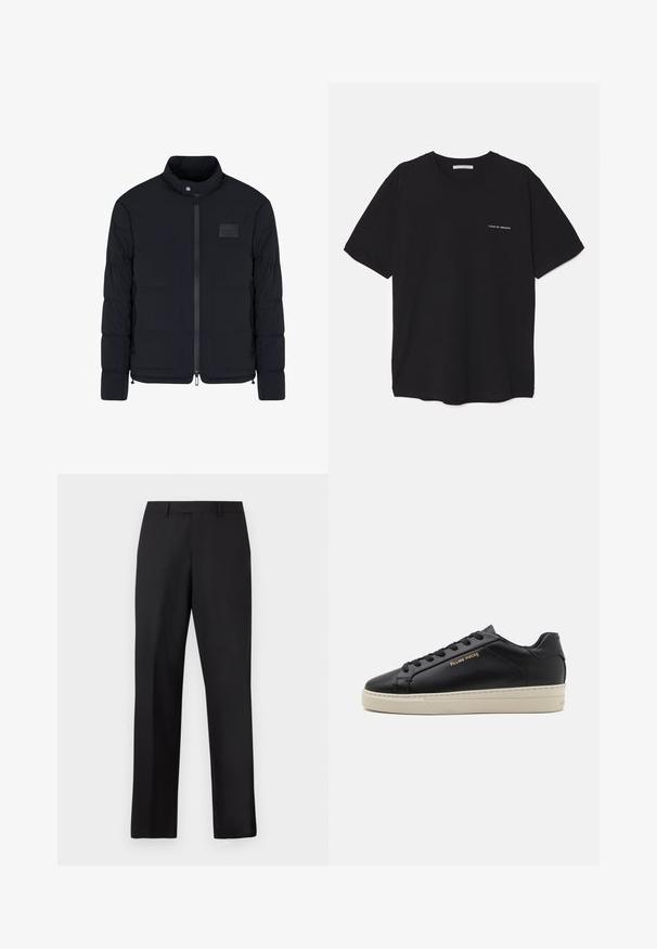 Schwarze, gesteppte Herrenjacke mit Stehkragen, Frontreißverschluss, Seitentaschen und einem kleinen rechteckigen Brustpatch.; Schwarzes Baumwoll-T-Shirt mit Rundhalsausschnitt, kurzen Ärmeln und weißem Logodruck auf der linken Brust. Einfaches, einfarbiges Design.; Schwarze, gerade geschnittene Hose aus glattem Stoff. Verfügt über einen normalen Bund und keine sichtbaren Muster oder Akzente.; Schwarze Leder-Sneaker mit glatter Oberfläche, kontrastierender cremefarbener Sohle, abgerundeter Spitze, goldfarbenem Logo an der Seite und sechs Ösen für die Schnürsenkel.