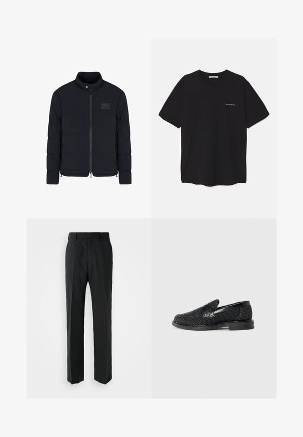 Heren zwarte doorgestikte jas met opstaande kraag, ritssluiting aan de voorkant, zijzakken en een klein rechthoekig borstvlak.; Zwarte katoenen T-shirt met een ronde hals, korte mouwen en een witte logo-print op de linkerkant van de borst. Eenvoudig, effen kleur ontwerp.; Zwarte broek met een rechte pijpdesign, gemaakt van gladde stof. Heeft een platte tailleband en geen zichtbare patronen of versieringen.; Zwartegeweven instap schoenen met een glad leren accent aan de bovenkant, een ronde neusontwerp en een laag profiel rubberen zool.