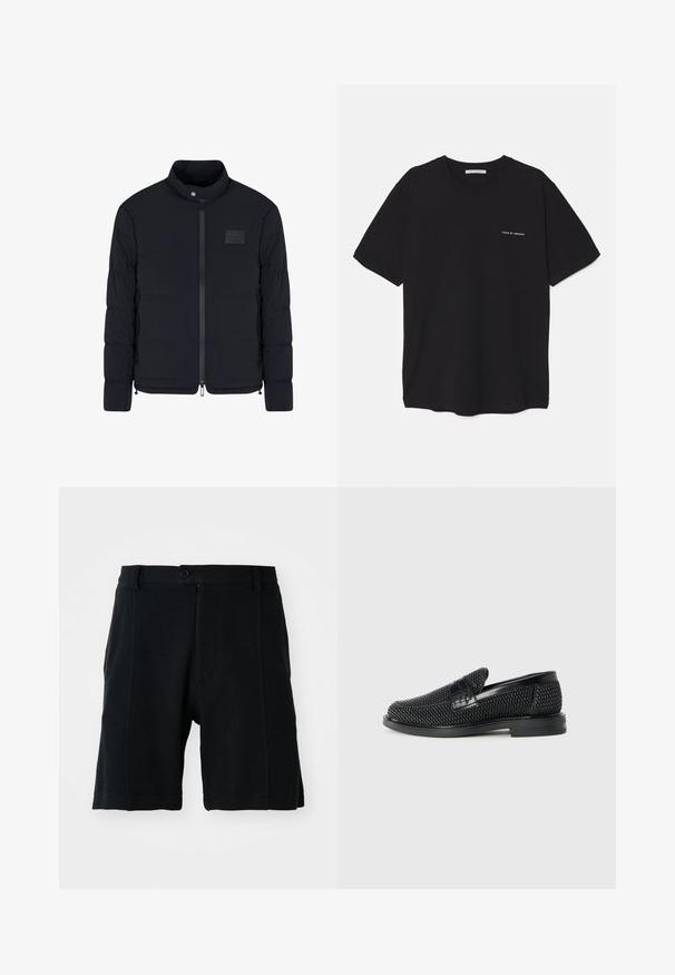 Giacca nera imbottita da uomo con colletto alla coreana, cerniera frontale, tasche laterali e una piccola toppa rettangolare sul petto.; T-shirt in cotone nero con collo rotondo, maniche corte e stampa bianca del logo sul lato sinistro del petto. Design semplice e monocromatico.; Pantaloncini neri realizzati in tessuto testurizzato, con chiusura frontale a bottone, tasche laterali e una vestibilità dritta, con dettagli di cucitura a vista.; Scarpa nera a mocassino intrecciata con un accentuato in pelle liscia sulla parte superiore, design a punta rotonda e suola in gomma a profilo basso.