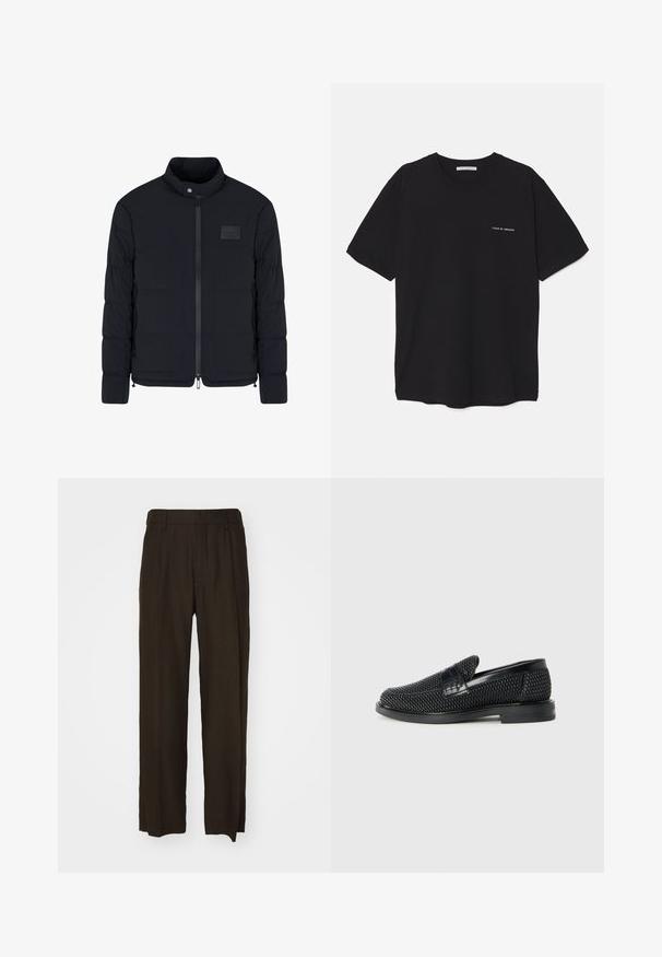 Giacca nera imbottita da uomo con colletto alla coreana, cerniera frontale, tasche laterali e una piccola toppa rettangolare sul petto.; T-shirt in cotone nero con collo rotondo, maniche corte e stampa bianca del logo sul lato sinistro del petto. Design semplice e monocromatico.; Pantaloni larghi color marrone in un tessuto texturizzato con vita alta e pieghe frontali. Gambe a taglio dritto con orli puliti e rifiniti.; Scarpa nera a mocassino intrecciata con un accentuato in pelle liscia sulla parte superiore, design a punta rotonda e suola in gomma a profilo basso.