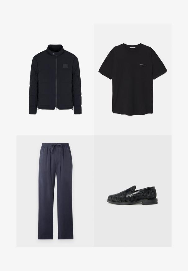 Men's black quilted jacket with stand collar, front zipper, side pockets, and a small rectangular chest patch.; Black cotton T-shirt with a crew neck, short sleeves, and a white logo print on the left chest. Simple, solid color design.; Navy blue, loose-fitting pants made of soft fabric with an elastic waistband and adjustable drawstring. Straight-cut legs, no pockets.; Black woven slip-on shoe with a smooth leather accent on the upper, a round toe design, and a low-profile rubber sole.