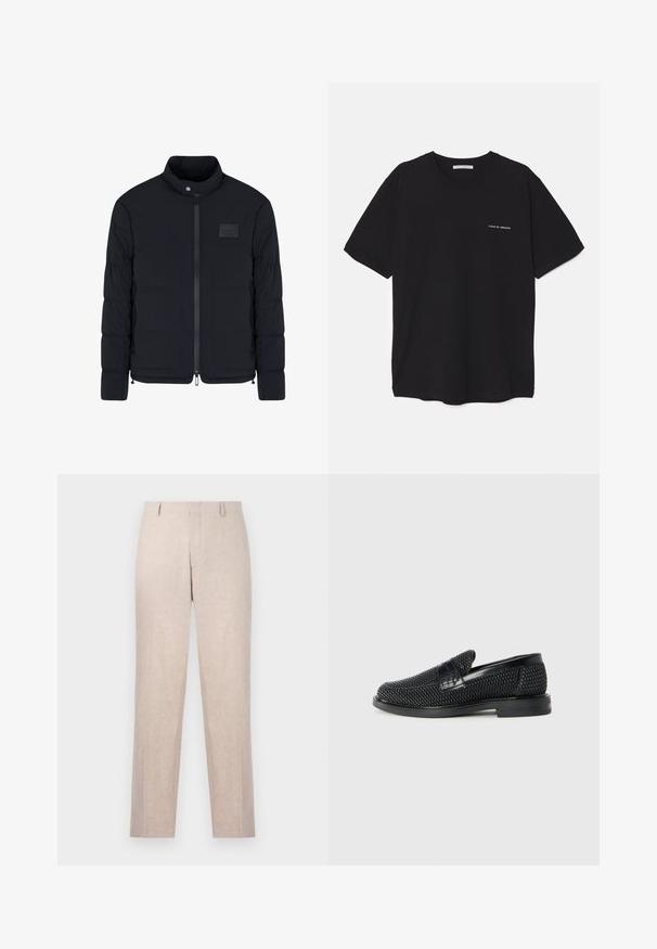 Schwarze, gesteppte Herrenjacke mit Stehkragen, Frontreißverschluss, Seitentaschen und einem kleinen rechteckigen Brustpatch.; Schwarzes Baumwoll-T-Shirt mit Rundhalsausschnitt, kurzen Ärmeln und weißem Logodruck auf der linken Brust. Einfaches, einfarbiges Design.; Helle beigefarbene, taillierte Hosen aus strukturiertem Stoff. Gerade Beinlinie mit zwei Fronttaschen und flachem Bund. Keine sichtbaren Metallteile.; Schwarzer geflochtener Slipper mit einem glatten Lederakzent im Obermaterial, einem runden Zehendesign und einer flachen Gummisohle.