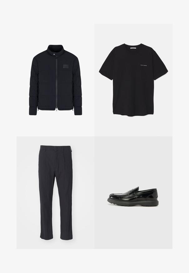 Men's black quilted jacket with stand collar, front zipper, side pockets, and a small rectangular chest patch.; Black cotton T-shirt with a crew neck, short sleeves, and a white logo print on the left chest. Simple, solid color design.; Black pleated trousers with a textured fabric, featuring a straight leg design and standard waistband. No visible pockets or hardware.; Black leather loafer with a glossy finish, rounded toe, subtle stitching details, and a thick rubber sole for durability.