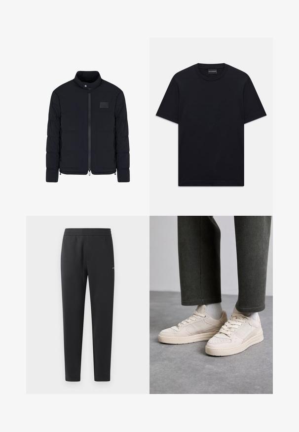 Schwarze, gesteppte Herrenjacke mit Stehkragen, Frontreißverschluss, Seitentaschen und einem kleinen rechteckigen Brustpatch.; Schwarzes T-Shirt mit kurzem Arm und Rundhalsausschnitt, mit dezentem, erhabenem Logodesign in der Mitte der Brust und einem Markenetikett im Kragen.; Schwarze Jogginghosen aus weichem Stoff, mit einem elastischen Bund, geraden Beinen und einem kleinen Logodetail an der Seite.; Beige Sneaker aus Wildleder und Mesh, mit durchlochten Akzenten, flachen Schnürsenkeln und einer dicken Sohle. Getragen mit grünen Cordhosen.