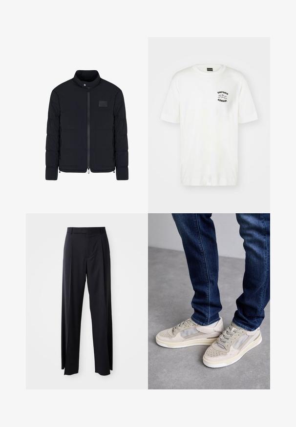 Giacca nera imbottita da uomo con colletto alla coreana, cerniera frontale, tasche laterali e una piccola toppa rettangolare sul petto.; T-shirt bianca in cotone con collo rotondo e maniche corte. Presenta un logo ricamato nero sul lato sinistro del petto. Texture liscia.; Pantaloni neri a vita alta con gamba larga, realizzati in tessuto liscio. Presentano pieghe frontali e passanti per cintura. Design minimalista, senza hardware visibile.; Sneaker beige con accenti in rete e suede, dotati di punte perforate, lacci piatti e suola bianca. Abbinati a jeans blu scuro.