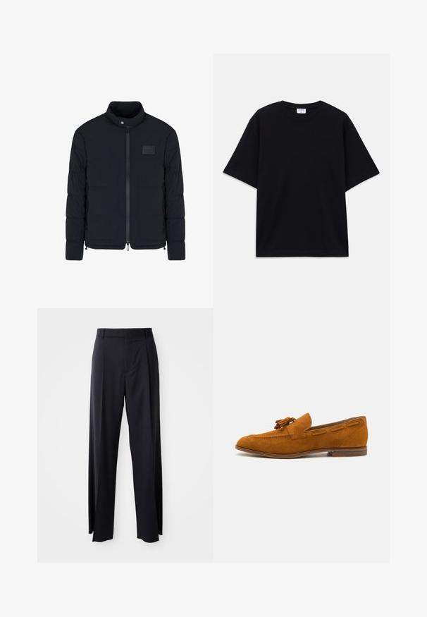 Giacca nera imbottita da uomo con colletto alla coreana, cerniera frontale, tasche laterali e una piccola toppa rettangolare sul petto.; T-shirt oversize nera a maniche corte con scollatura rotonda e etichetta del marchio Filippa K visibile all'interno del colletto.; Pantaloni neri a vita alta con gamba larga, realizzati in tessuto liscio. Presentano pieghe frontali e passanti per cintura. Design minimalista, senza hardware visibile.; Mocassino in suede color nocciola con punta arrotondata, dettaglio a nappine sul davanti e cuciture decorative lungo i lati. Tacco in legno piatto.