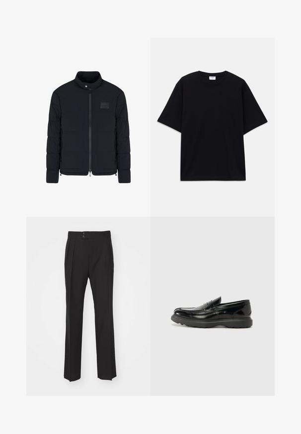 Men's black quilted jacket with stand collar, front zipper, side pockets, and a small rectangular chest patch.; Black short-sleeve oversized T-shirt with round neckline and visible Filippa K brand label inside the collar.; Black tailored trousers featuring a straight leg design, two front pockets, and a double-button closure at the waistband. Smooth fabric texture.; Black leather loafer with a glossy finish, rounded toe, subtle stitching details, and a thick rubber sole for durability.