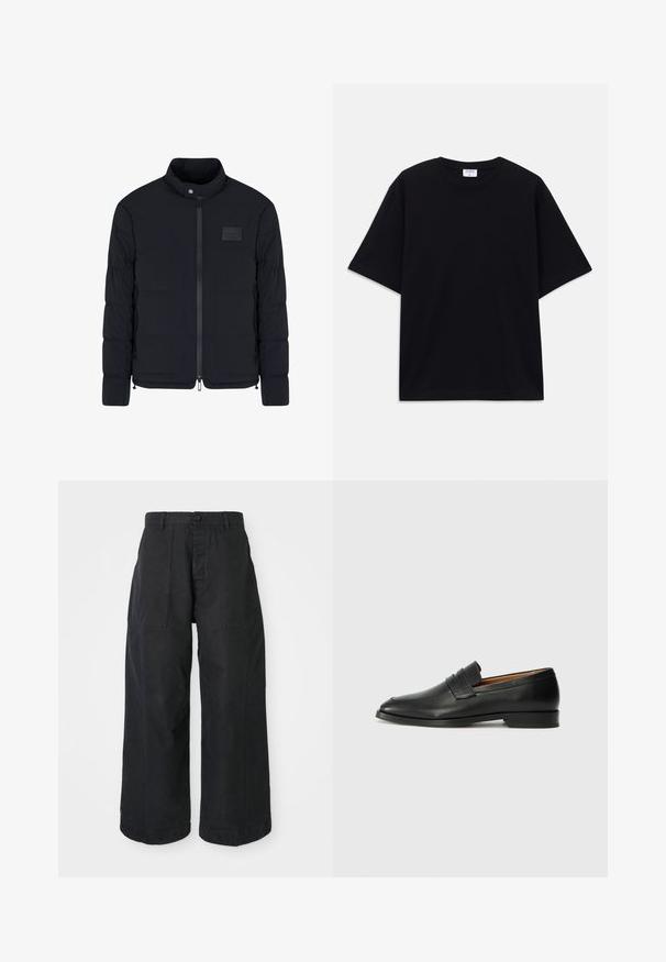 Men's black quilted jacket with stand collar, front zipper, side pockets, and a small rectangular chest patch.; Black short-sleeve oversized T-shirt with round neckline and visible Filippa K brand label inside the collar.; Black wide-leg trousers made of canvas material with a button closure, featuring two front pockets and a relaxed fit.; Black leather loafer with a rounded toe, subtle stitched detailing, and a low heel, featuring a smooth texture and minimalist design.