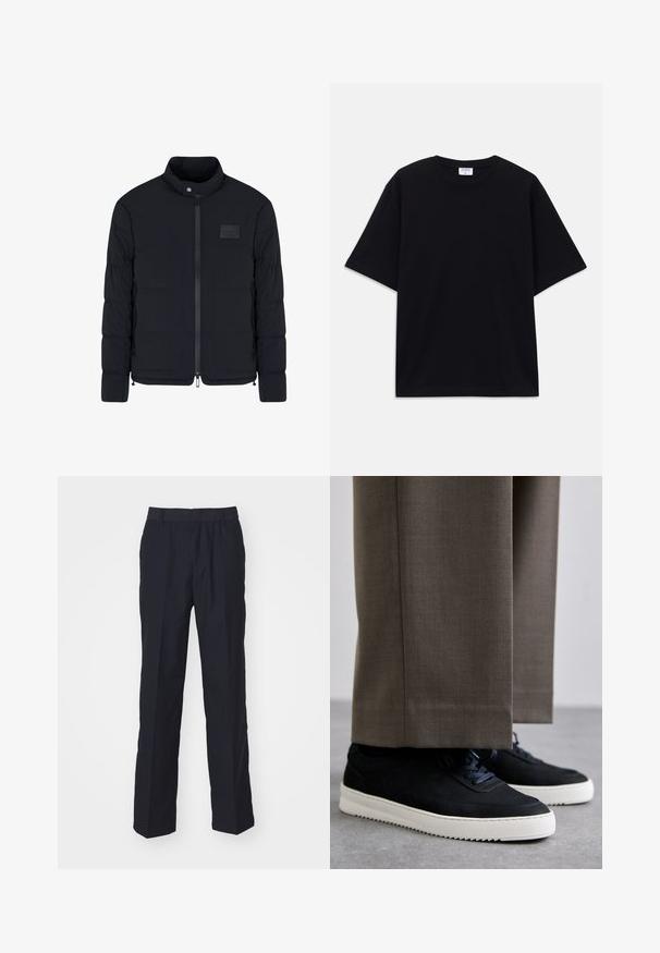 Heren zwarte doorgestikte jas met opstaande kraag, ritssluiting aan de voorkant, zijzakken en een klein rechthoekig borstvlak.; Zwarte oversized T-shirt met korte mouwen en ronde hals, met zichtbaar Filippa K merkelabel aan de binnenkant van de kraag.; Marineblauwe broek gemaakt van lichtgewicht stof, met een recht gesneden ontwerp, elastische tailleband en zonder zichtbare zakken of patronen.; Zwarte suède sneakers met witte rubberen zolen, voorzien van een ronde neus en veters, gedragen met grijze tailored broek.