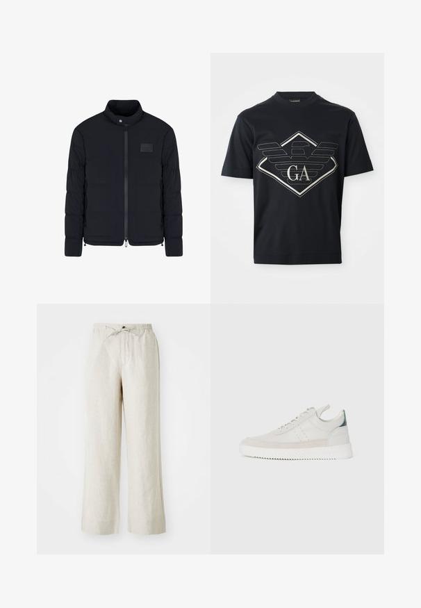 Schwarze, gesteppte Herrenjacke mit Stehkragen, Frontreißverschluss, Seitentaschen und einem kleinen rechteckigen Brustpatch.; Marineblaues Baumwoll-T-Shirt mit einem großen silbernen Logodesign mit Flügeln und einer Diamantform auf der Vorderseite. Kurze Ärmel und runder Ausschnitt.; Leinenhosen in einem hellbeigen Farbton, mit lockerer Passform, elastischem Bund mit Kordelzug und seitlichen Taschen für zusätzlichen Komfort.; Weiße Leder-Sneaker mit grauen Wildleder-Akzenten, Schnürdesign, Zuglasche und strukturiertem Gummisohle mit Zickzackmuster.