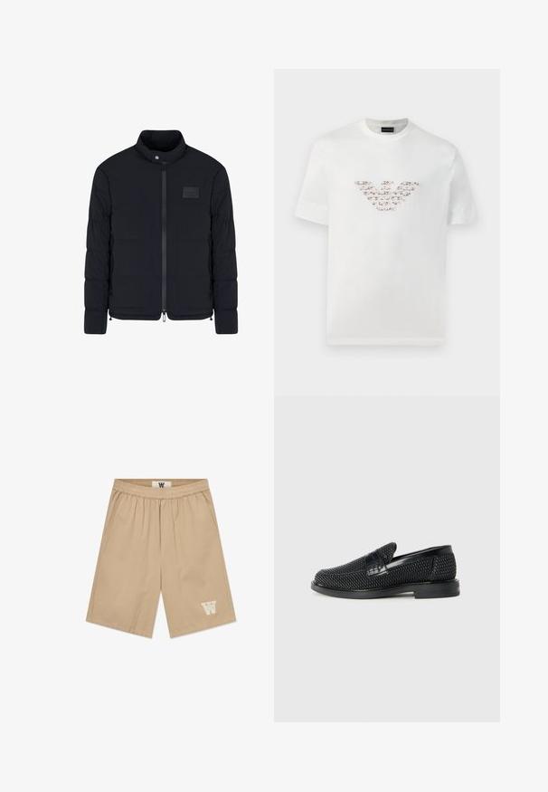 Veste matelassée noire pour homme avec col montant, fermeture éclair frontale, poches latérales et petite écusson rectangulaire sur la poitrine.; T-shirt blanc en coton à manches courtes et col rond. Présente un logo central dans des nuances de rose et de marron.; Shorts beiges en tissu léger avec une taille élastique, des poches latérales et un accent logo blanc sur la jambe inférieure gauche.; Chaussure slip-on tissée noire avec un accent en cuir lisse sur le dessus, un design à bout rond et une semelle en caoutchouc à profil bas.