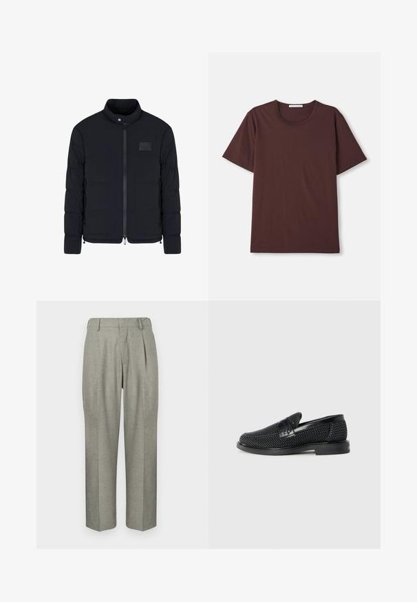 Heren zwarte doorgestikte jas met opstaande kraag, ritssluiting aan de voorkant, zijzakken en een klein rechthoekig borstvlak.; Donaatburgundy korte mouwen T-shirt gemaakt van zachte katoen. Heeft een ronde halslijn en een relaxte pasvorm zonder zichtbare patronen of hardware.; Lichtgrijze broek van een gestructureerde stof. Kenmerkt zich door een rechte pasvorm, plooien aan de voorkant en een platte tailleband.; Zwartegeweven instap schoenen met een glad leren accent aan de bovenkant, een ronde neusontwerp en een laag profiel rubberen zool.