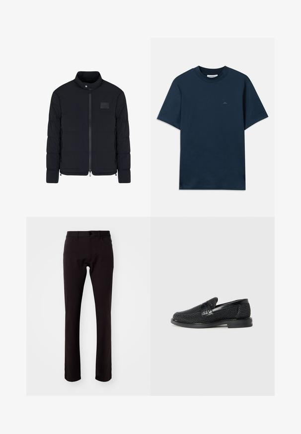 Heren zwarte doorgestikte jas met opstaande kraag, ritssluiting aan de voorkant, zijzakken en een klein rechthoekig borstvlak.; Marineblauwe katoenen t-shirt met ronde hals, korte mouwen en een subtiel logo op de borst gedrukt. Glad textuur en klassieke pasvorm.; Theory RAFFI NEOTERIC - Broek - hickory; Zwartegeweven instap schoenen met een glad leren accent aan de bovenkant, een ronde neusontwerp en een laag profiel rubberen zool.