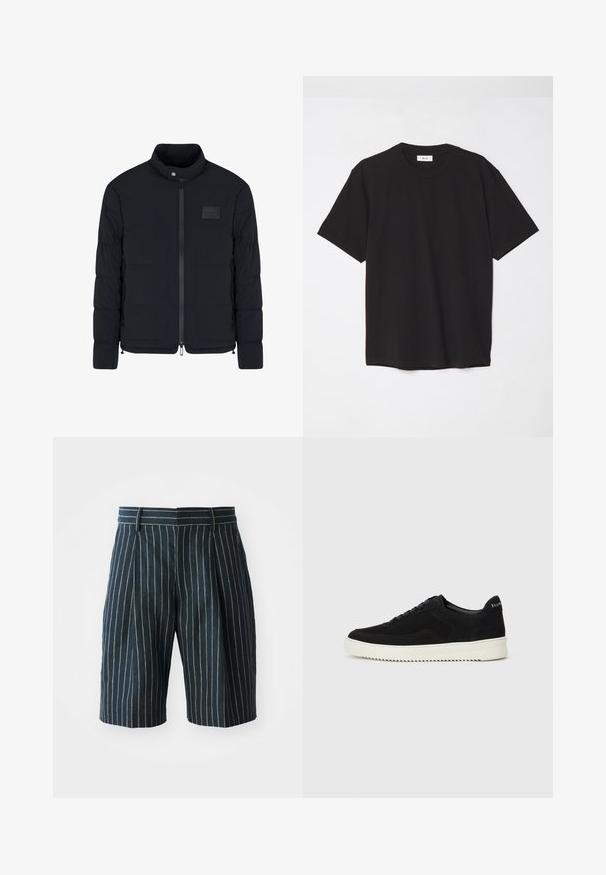 Schwarze, gesteppte Herrenjacke mit Stehkragen, Frontreißverschluss, Seitentaschen und einem kleinen rechteckigen Brustpatch.; Schwarzes Baumwoll-T-Shirt mit Rundhalsausschnitt, kurzen Ärmeln und lockerer Passform. Einfaches Design, glatte Textur und keine sichtbaren Muster oder Logos.; Blaue, gestreifte Shorts mit geradem Schnitt, ausgestattet mit einem Bund und Falten, aus einem strukturierten Stoff gefertigt. Keine sichtbaren Taschen oder Beschläge.; Schwarze Wildleder-Sneaker mit Schnürdesign und kontrastierender weißer Gummisohle. Verfügt über strukturierte Seitenpaneele und dezentes Branding an der Ferse.