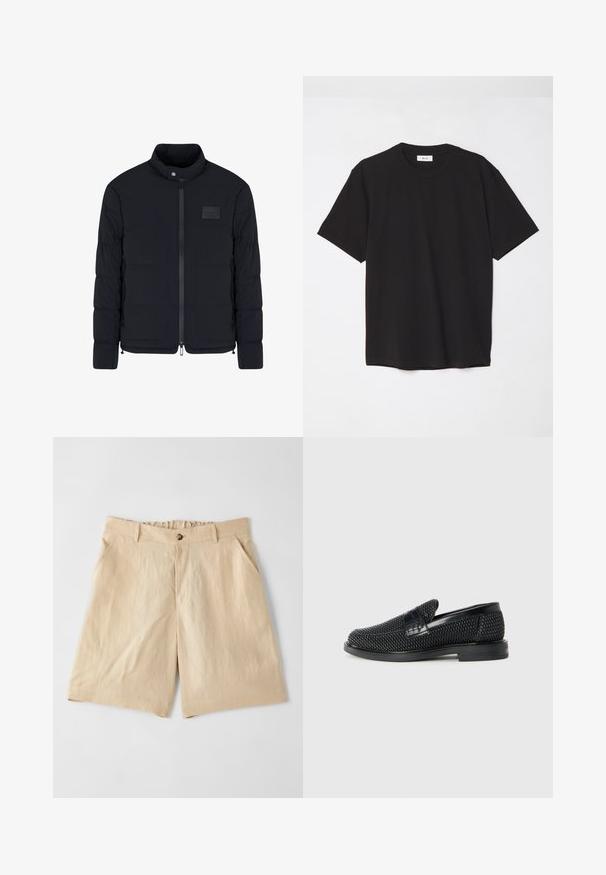 Veste matelassée noire pour homme avec col montant, fermeture éclair frontale, poches latérales et petite écusson rectangulaire sur la poitrine.; T-shirt en coton noir avec un col ras du cou, des manches courtes et une coupe décontractée. Design simple, texture lisse, sans motifs ni logos visibles.; Paul Smith Short - sand; Chaussure slip-on tissée noire avec un accent en cuir lisse sur le dessus, un design à bout rond et une semelle en caoutchouc à profil bas.