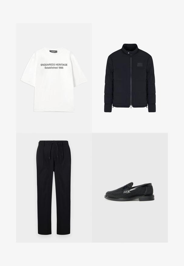 Schwarze, gesteppte Herrenjacke mit Stehkragen, Frontreißverschluss, Seitentaschen und einem kleinen rechteckigen Brustpatch.; Dsquared2 T-Shirt print - white; Schwarze Hose aus glattem Stoff, mit einem Kordelzugbund, geraden Beinen und einer Vorderfalte für einen strukturierten Look.; Schwarzer geflochtener Slipper mit einem glatten Lederakzent im Obermaterial, einem runden Zehendesign und einer flachen Gummisohle.