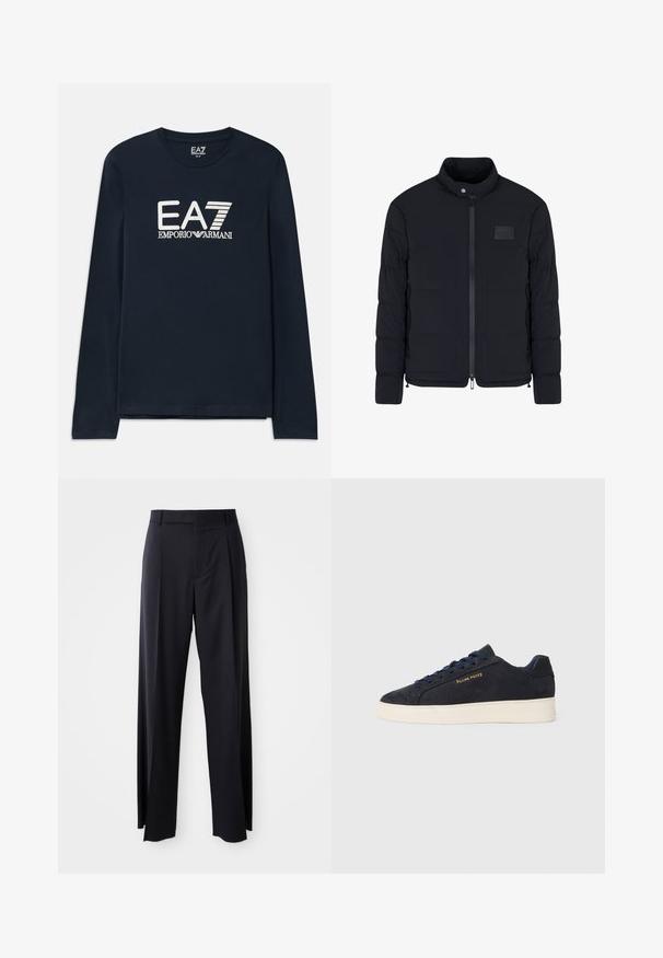 Schwarze, gesteppte Herrenjacke mit Stehkragen, Frontreißverschluss, Seitentaschen und einem kleinen rechteckigen Brustpatch.; Marineblaue Langarm-T-Shirt aus Baumwolle mit Rundhalsausschnitt. Mit EA7 Emporio Armani-Logo in Weiß auf der Vorderseite. Gerader Saum ohne Verzierungen.; Schwarze, hoch taillierte Hose mit weitem Bein, aus glattem Stoff. Verfügt über vorne gelegte Falten und Gürtelschlaufen. Minimalistisches Design, ohne sichtbare Beschläge.; Marineblaue Wildleder Low-Top Sneaker mit weißer Sohle, marineblauen Schnürsenkeln und goldenem "Filling Pieces" Logo an der Seite.