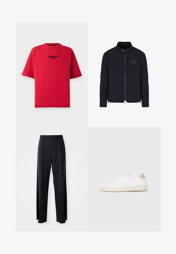 Giacca nera imbottita da uomo con colletto alla coreana, cerniera frontale, tasche laterali e una piccola toppa rettangolare sul petto.; T-shirt rossa in cotone con colletto a girocollo, maniche corte e un logo stampato nero che recita "DSQUARED2 MILANO" sulla parte frontale.; Pantaloni neri a vita alta con gamba larga, realizzati in tessuto liscio. Presentano pieghe frontali e passanti per cintura. Design minimalista, senza hardware visibile.; Sneaker bianche basse in pelle testurizzata, con suola rigata color crema e dettagli sul tallone color marrone chiaro. Presentano lacci bianchi e un logo sul tallone.