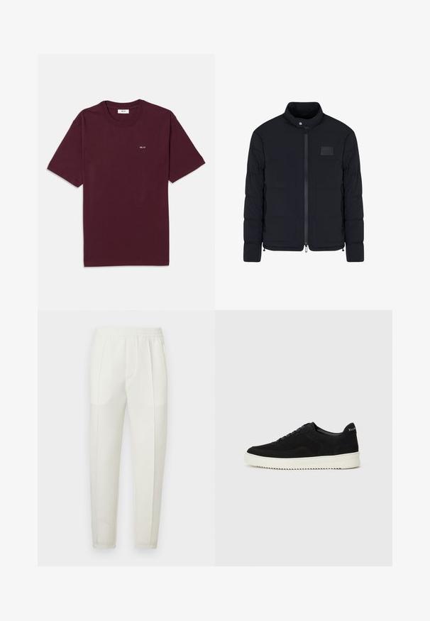 Heren zwarte doorgestikte jas met opstaande kraag, ritssluiting aan de voorkant, zijzakken en een klein rechthoekig borstvlak.; Bordeaux katoenen t-shirt met een ronde hals, korte mouwen en een klein wit "NN. 07" logo op de borst. Soepele textuur, standaard pasvorm.; Witte slim-fit broek met een elastische tailleband, voorzien van twee zijzakken en een gladde, licht glanzende textuur.; Zwarte suède sneakers met vetersluiting en contrasterende witte rubberen zool. Voorzien van textuurpanelen aan de zijkanten en subtiele branding op de hiel.
