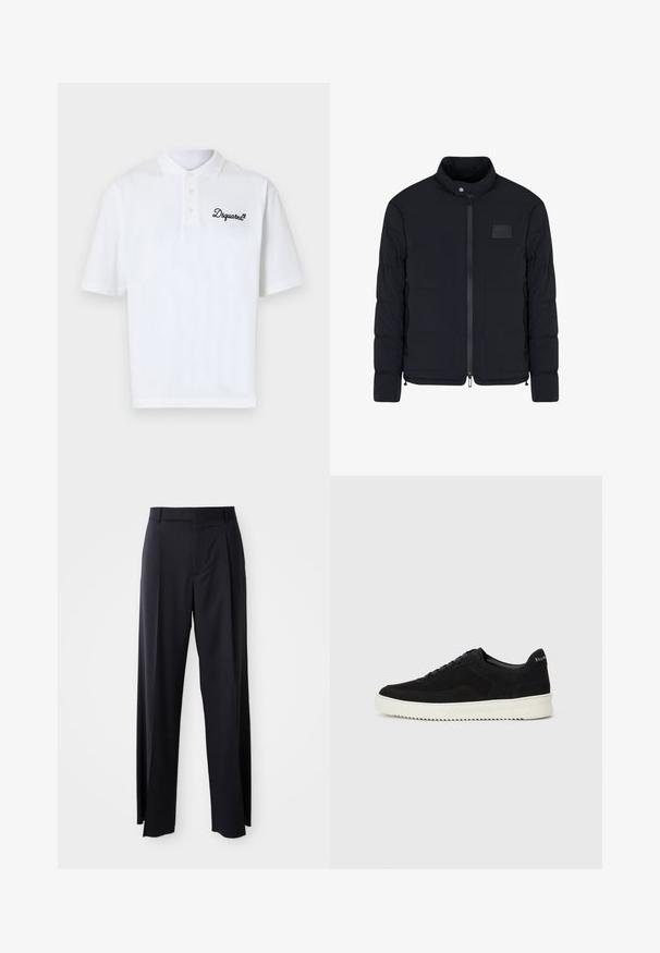 Heren zwarte doorgestikte jas met opstaande kraag, ritssluiting aan de voorkant, zijzakken en een klein rechthoekig borstvlak.; Witte katoenen poloshirt met een klassieke kraag, drie knopen en een zwart geborduurd "Dsquared2" logo aan de linkerkant.; Zwarte, hooggewaisted broeken met een brede pijp, gemaakt van een gladde stof. Voorzien van voorkanten met plooien en riemlussen. Minimalistisch ontwerp, geen zichtbare hardware.; Zwarte suède sneakers met vetersluiting en contrasterende witte rubberen zool. Voorzien van textuurpanelen aan de zijkanten en subtiele branding op de hiel.