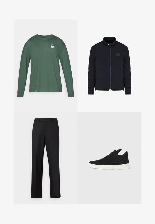 Schwarze, gesteppte Herrenjacke mit Stehkragen, Frontreißverschluss, Seitentaschen und einem kleinen rechteckigen Brustpatch.; Langarm-T-Shirt in Dunkelgrün, aus weicher Baumwolle. Verfügt über ein kleines weißes Grafikdesign mit einem grünen Hut auf der Brust. Abgerundeter Halsausschnitt.; Schwarze, gerade geschnittene Hose aus glattem Stoff. Verfügt über einen normalen Bund und keine sichtbaren Muster oder Akzente.; Schwarze Wildleder-Sneaker mit einer weißen Gummisohle, die sich durch elegante Nähte und ein schnürbares Design auszeichnen. Glatte Textur mit einer modernen, stromlinienförmigen Form.