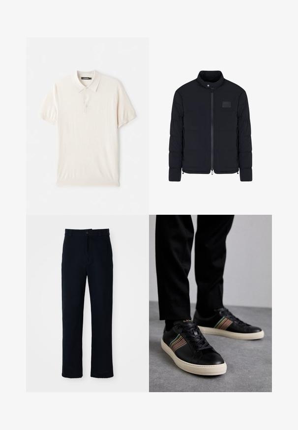 Heren zwarte doorgestikte jas met opstaande kraag, ritssluiting aan de voorkant, zijzakken en een klein rechthoekig borstvlak.; Lichtbeige polo shirt met een klassieke kraag, een drieknopsknopsluiting en korte mouwen. Gemaakt van zachte, gladde stof. Eenvoudig ontwerp zonder patronen.; Marineblauwe broeken van katoen, met een recht model, een sluiting met een knoop aan de voorkant en een klassieke tailleband met riemlussen.; Zwarte leren sneakers met multicolored gestreepte accenten, ronde neus en witte rubberen zolen, met vetersluiting en reliëfbranding.