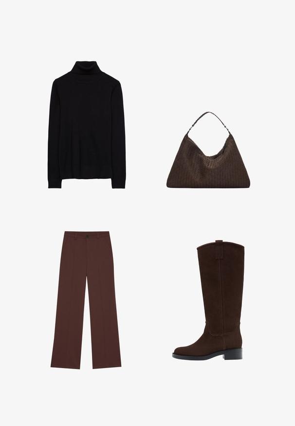 Braune Kunstfelljacke mit Kragen, vorderem Knopfverschluss und zwei aufgesetzten Taschen. Strukturierte Oberfläche, keine sichtbaren Muster oder Akzente.; Schwarzer Rollkragenpullover aus einem weichen Strickstoff. Mit langen Ärmeln sowie gerippten Manschetten und Saum. Einfaches, klassisches Design ohne Muster.; Weite Hose aus einem hochwertigen braunen Stoff. Mit einem Knopfverschluss, zwei frontalen Taschen, glatter Textur und klaren Linien.; Braune Wildleder-Stiefel bis zum Knie mit runder Fußspitze, dezenten Nähten und einem niedrigen Blockabsatz; verfügen über eine Zuglasche oben für einfaches Anziehen.; Braune, geflochtene Lederhandtasche mit einer lässigen, dreieckigen Form. Verfügt über einen geflochtenen Griff und einen Reißverschluss an der Oberseite.