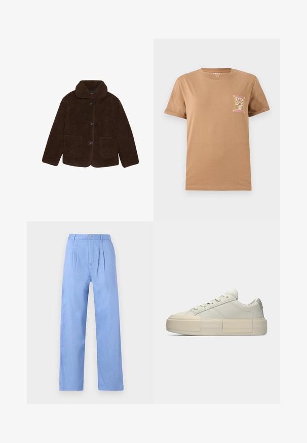 Rjava umetna krznena jakna s ovratnikom, sprednjim gumbom in dvema žepoma. Teksturirana površina, brez vidnih vzorcev ali akcentov.; Rjava bombažna majica s kratkimi rokavi. Ima majhen, barvit grafični vzorec na levem prsnem delu, ki prikazuje temo sončnega zahoda.; Svetlo modri laneni hlače z nabranim sprednjim delom, visokim pasom in ravnim krojem. Imajo gumbasto zapiranje na pasu.; Nizki off-white superge s debelim podplatom, vezani dizajn in minimalnimi šivi, prikazane v bočnem profilu na enostavni podlagi.