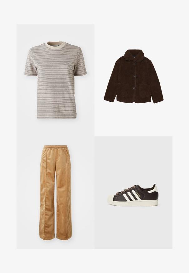 Brown faux fur jacket with a collared neckline, front button closure, and two patch pockets. Textured surface, no visible patterns or accents.; Striped short-sleeve T-shirt in beige and cream. Features a round neck with a contrasting collar and a textured fabric pattern.; Tan wide-leg pants made of soft, velvety material. Features an elastic waistband and vertical seams along the front for added detail.; Low-top Adidas Superstar sneaker in dark brown leather with cream shell toe, white stripes, and "Superstar" text on the side.