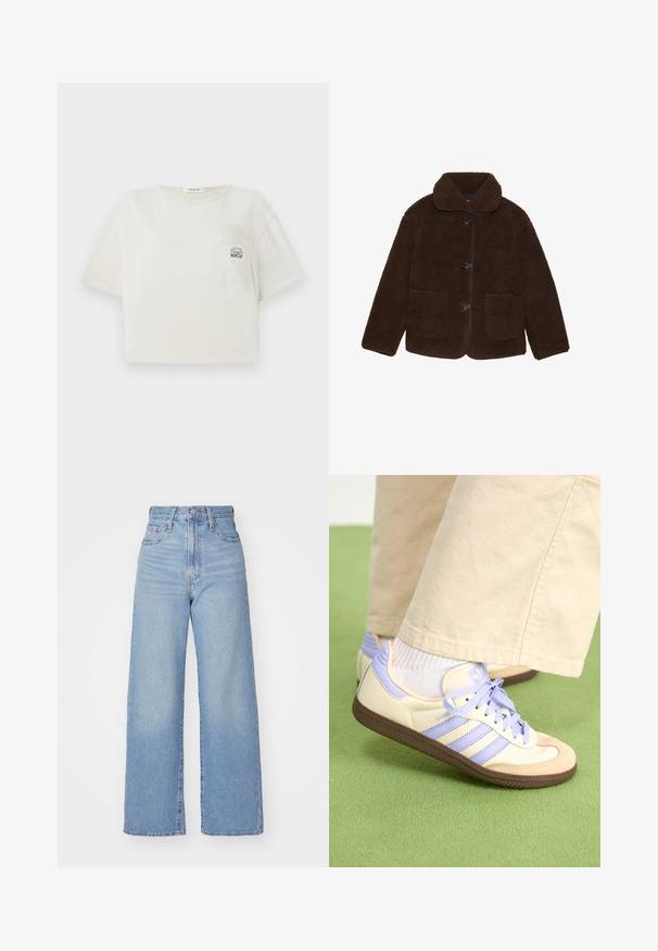 Brun kunstpelsjakke med krage, frontlukking med knapper og to lommer. Teksturert overflate, ingen synlige mønstre eller detaljer.; Kuttet kortermet t-skjorte i off-white bomull. Har en frontlomme med trykt logo og en rund halslinning. Glatt tekstur.; Lys blå høytlivs vide jeans med knapp- og glidelås lukking foran, foran og bak lommer, på en hvit bakgrunn.; Kremfargede og lavendelfargede joggesko med tre striper og en teksturert brun såle, med lisser og en polstret hæl. Mykt stofføvre.