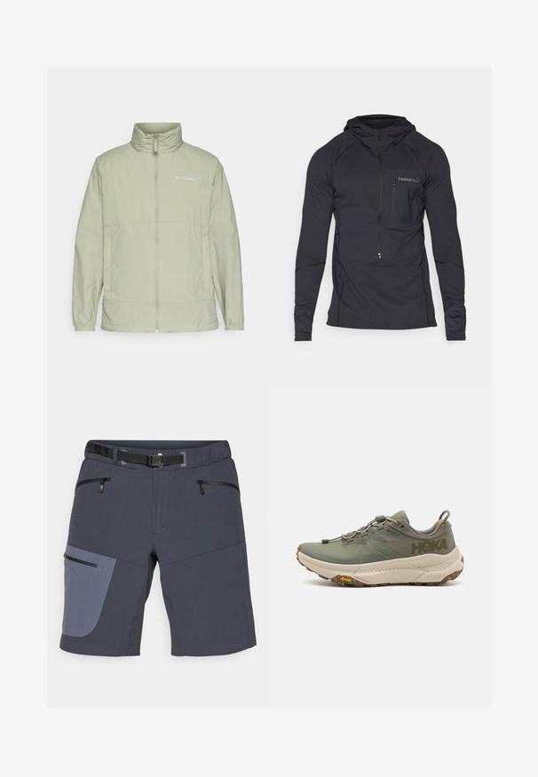 Šviesiai žalia užtrauktuko striukė su stovinčiu apykakle, elastingomis rankogaliais ir logotipo akcentu. Pagaminta iš sklandžios, lengvos medžiagos ir turi laisvą kirpimą.; Juodas gobtuvu aprangos marškinys su ilgomis rankovėmis, priekinė zip kišenė ir tekstūruotas audinys. Ypatybės: siuvinėtos detalės ir prigludusi dizainas.; Tamsiai pilkų šortų, turinčių kontrastingą šviesiai pilką šonų juostą. Yra du užtrauktukais užsegami priekiniai kišenės ir diržas.; Žalios Hoka bėgimo sportbačiai su Gore-Tex viršutine dalimi, tekstūriniais akcentais, elastingomis raištelėmis ir storu smėlio spalvos padu su Vibram logotipu.