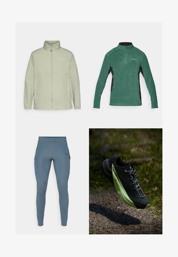 Heled roheline tõmblukuga jakk, millel on seisva kaelusega ja elastsed mansetid ning logo aktsent. Omab siledat, kerget kangast ja mugavat lõiget.; Roheline fleecetagi neljandiku lukuga, mustade külgpaneelidega ja pika varrukaga. Omab sileda tekstuuri ning väike logo rinnal.; Sinised sportlikud retuusid, millel on sile tekstuur, küljetaskud ning kontrastne must logo puusal. Ülikonnastatud disain.; Mustad must jooksujalats musta värviga, millel on tekstuuriga pind ja rohelised detailid. Omab kerget disaini ja unikaalset mustrit põrandal, mis tagab haarde.