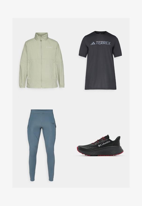 Light green zip-up jacket with a stand collar, elastic cuffs, and logo accent. Features a smooth, lightweight fabric and a relaxed fit.; Black short-sleeve t-shirt made of lightweight fabric, featuring a light gray “TERREX” logo across the chest and a crew neckline.; Blue athletic leggings with a smooth texture, featuring side pockets and a contrasting black logo on the hip. Fitted design.; Black athletic shoe with textured upper, red laces, and logo. Thick sole with patterned tread for traction. Minimalist design, side view.