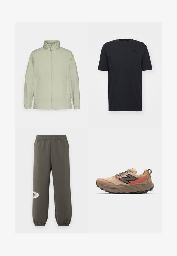 Lys grøn zip-up jakke med ståkrave, elastiske manchetter og logo accent. Har et glat, letvægtsstof og en afslappet pasform.; Sort bomulds T-shirt med kortærmet og rund halsudskæring, med en diskret logo detalje på brystet og en afslappet pasform.; Mørke olivengrønne sweatpants med elastisk talje, sidelommer, en tætsiddende pasform og et hvidt takket logo på venstre ben.; Beige løbesko med mesh-overdel, sorte og røde accenter samt Vibram-sål. Har polstret krave og tekstureret overflade for godt greb.