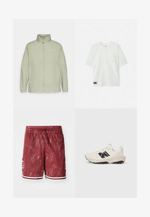 Giacca a zip verde chiaro con colletto rialzato, polsini elasticizzati e accento del logo. Caratterizzata da un tessuto liscio e leggero e da una vestibilità comoda.; T-shirt a maniche corte, di colore verde chiaro, realizzato in cotone. Caratterizzato da una tasca sul petto e un piccolo logo vicino alla tasca. Texture morbida, design informale.; Pantaloni corti in rete rossi con un motivo testurizzato, accenti bianchi e vita con cordoncino. Presentano tasche laterali e un logo sulla gamba sinistra.; Sneaker beige chiaro con tomaia in rete, logo nero e suola testurizzata. Accompagnato da un motivo geometrico sulla suola intermedia.