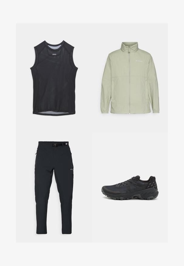 Hellgrüne Zip-Jacke mit Stehkragen, elastischen Bündchen und Logoprinz. Aus einem glatten, leichten Stoff gefertigt und mit einer lockeren Passform.; Schwarzes ärmelloses Sportoberteil aus Mesh-Gewebe, mit rundem Ausschnitt und verstärkten Armöffnungen. Minimalistisches Design mit dezentem Branding.; Columbia ESSENTIAL HIKE™ PANT - Outdoor-Hose - black; Schwarze Trailrunning-Schuhe mit einem strukturierten Mesh-Obermaterial und Gummisohle; Merkmale sind Schnürsenkel, ein gepolsterter Schaft und Logodetails.