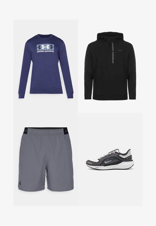Giacca a zip nera con cappuccio realizzata in materiale morbido e leggero. Presenta il logo riflettente "UNDER ARMOUR" e una texture liscia.; Felpa blu navy realizzata in tessuto morbido, con un grande logo Under Armour in azzurro chiaro e bianco sul petto. Collo a giro classico.; Pantaloni sportivi grigi realizzati in tessuto leggero, con un elastico in vita con accenti neri e tasche laterali. Design semplice senza pattern.; Scarpa da ginnastica nera e grigia con tomaia in rete, dettagli riflettenti e intersuola bianca. Presenta una suola in gomma testurizzata e lacci.