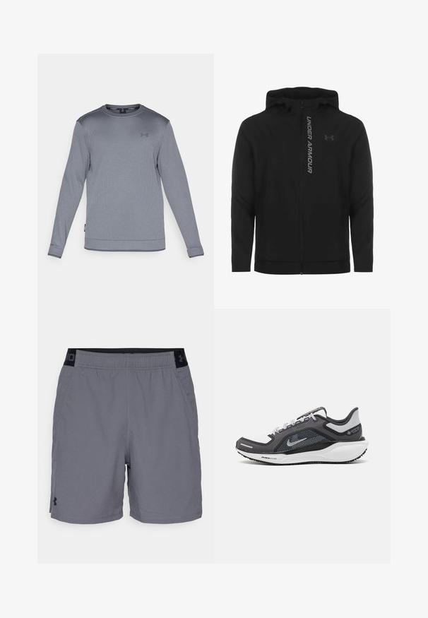 Black zip-up hooded jacket made of soft, lightweight material. Features reflective "UNDER ARMOUR" logo and a smooth texture.; Long-sleeve gray athletic shirt made of textured fabric with a round neck, featuring a small logo on the chest and ribbed cuffs.; Gray athletic shorts made of lightweight fabric, featuring an elastic waistband with black accents and side pockets. Simple design with no patterns.; Black and gray athletic shoe with a mesh upper, reflective accents, and a white midsole. Features textured rubber outsole and laces.