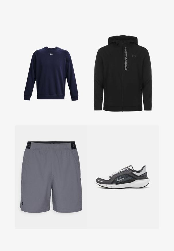 Black zip-up hooded jacket made of soft, lightweight material. Features reflective "UNDER ARMOUR" logo and a smooth texture.; Navy blue sweatshirt made of soft fabric, featuring a crew neck, long sleeves, and a white logo accent on the chest.; Gray athletic shorts made of lightweight fabric, featuring an elastic waistband with black accents and side pockets. Simple design with no patterns.; Black and gray athletic shoe with a mesh upper, reflective accents, and a white midsole. Features textured rubber outsole and laces.