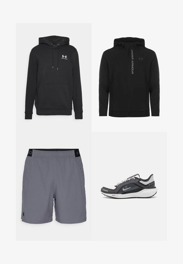Černá zipová mikina s kapucí vyrobená z měkkého, lehkého materiálu. Obsahuje odrazový logo "UNDER ARMOUR" a hladkou texturu.; Černá mikina s kapucí, má klokankovou kapsu, šňůrku na stažení kapuce a bílé logo Under Armour na hrudi. Vyrobena z měkké tkaniny.; Šedé sportovní šortky vyrobené z lehkého materiálu, s elastickým pasem a černými akcenty a bočními kapsami. Jednoduchý design bez vzorů.; Černá a šedá sportovní obuv s vrškem z prodyšné síťoviny, reflexními akcenty a bílou mezipodešví. Obsahuje texturovanou gumovou podrážku a tkaničky.