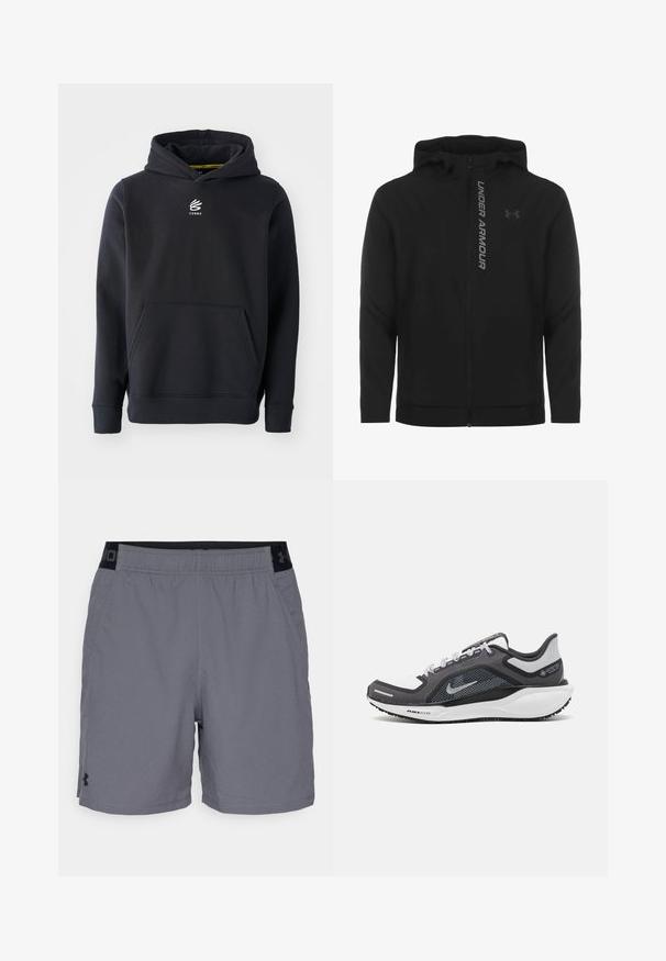 Čierna zipsová mikina s kapucňou vyrobená z jemného, ľahkého materiálu. Obsahuje reflexné logo "UNDER ARMOUR" a hladký povrch.; Čierna mikina s kapucňou vyrobená z bavlneného materiálu, so kengurou na vrecku a vyšitým logom na hrudi. Jednoduchý, klasický dizajn.; Šedé športovéšortky vyrobené z ľahkého materiálu, s elastickým pásom s čiernymi akcentmi a bočnými vreckami. Jednoduchý dizajn bez vzorov.; Čierna a sivá športová obuv s vrchnou časťou z priedušného materiálu, reflexné akcenty a biely medzipodrážka. Obsahuje štruktúrovanú gumovú podrážku a šnúrky.