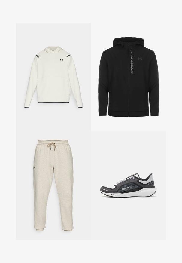 Svart zip-up huva jacka gjord av mjukt, lätt material. Har reflektiv "UNDER ARMOUR"-logotyp och en slät textur.; Vit hoodie med känguruficka, svarta detaljer på axlarna och en broderad logotyp på bröstet. Mjuk textur och design som dras över huvudet.; Beige sweatpants i mjukt, strukturerat tyg med resårmidja och dragsko. Har en sidologotyp och smalnande anklar för en avslappnad passform.; Svart och grå atletisk sko med ovandel i mesh, reflexdetaljer och en vit mellansula. Har en strukturerad gummisula och skosnören.
