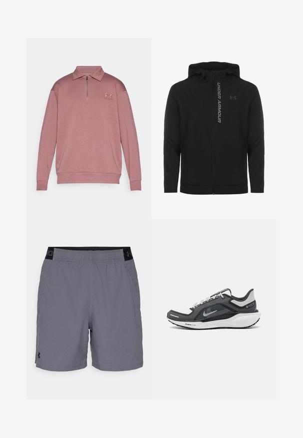 Giacca a zip nera con cappuccio realizzata in materiale morbido e leggero. Presenta il logo riflettente "UNDER ARMOUR" e una texture liscia.; Felpa leggera rosa chiaro con colletto con zip, maniche lunghe, polsini a coste e logo ricamato sul lato sinistro del petto. Tessuto liscio.; Pantaloni sportivi grigi realizzati in tessuto leggero, con un elastico in vita con accenti neri e tasche laterali. Design semplice senza pattern.; Scarpa da ginnastica nera e grigia con tomaia in rete, dettagli riflettenti e intersuola bianca. Presenta una suola in gomma testurizzata e lacci.